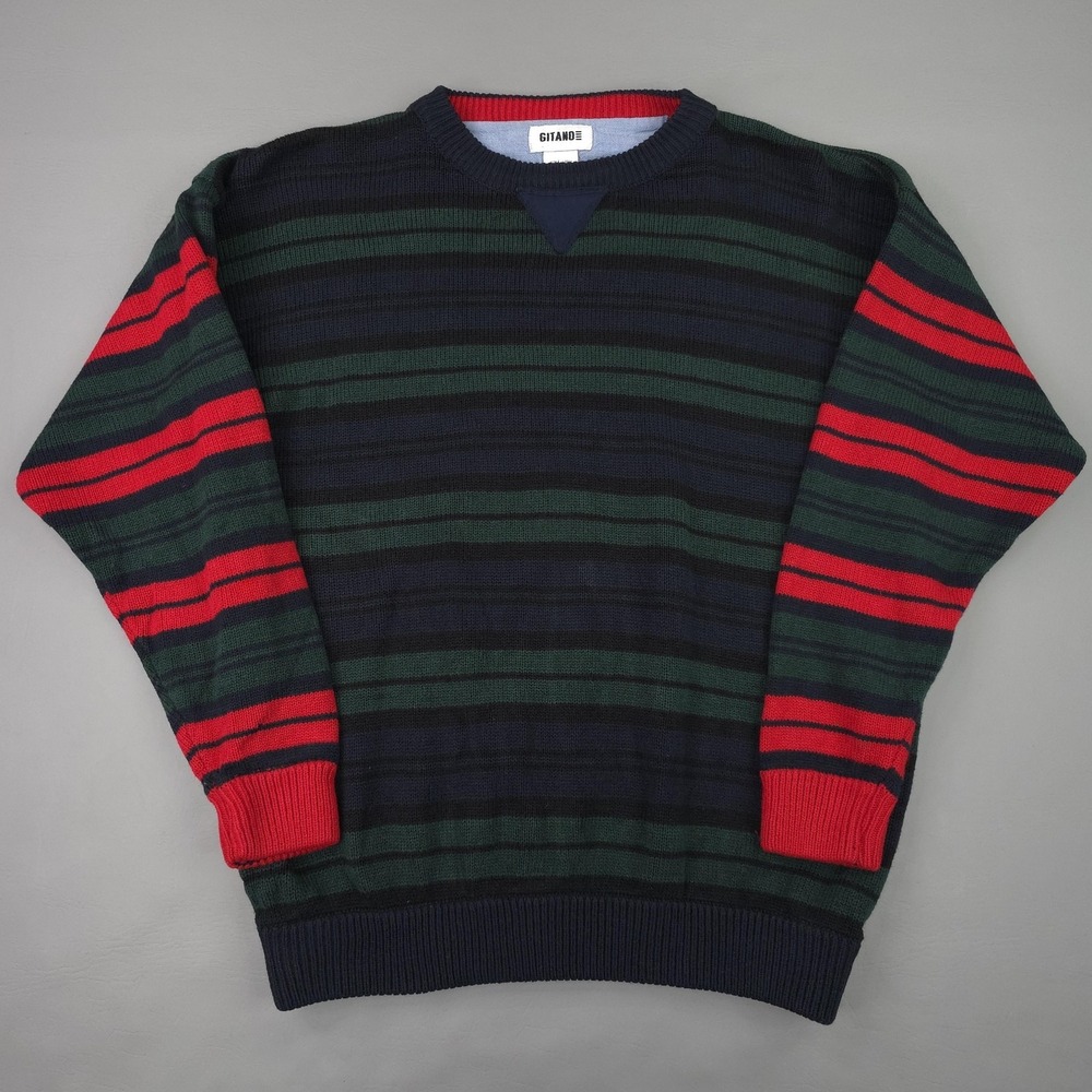Vintage Gitano Sweater Mens Large Navy Green Red Stripe Crewneck Acrylic Knit